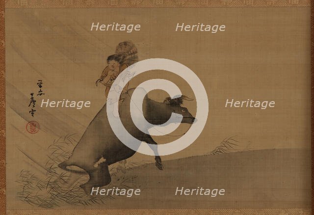 Herdboy on a water-buffalo in a rainstorm, Edo period, late 18th century. Creator: Nagasawa Rosetsu.