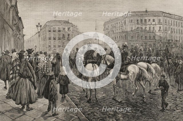 Buglers playing military reveille, Madrid, Spain, on the day of the royal wedding, 1878. Creator: Enrique Alba.