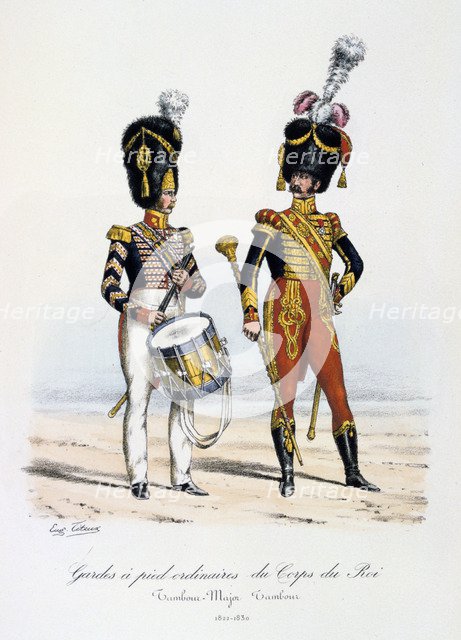 Gardes a pied ordinaires du Corps de Roi, Drum Major and Drummer, 1822-30 Artist: Eugene Titeux