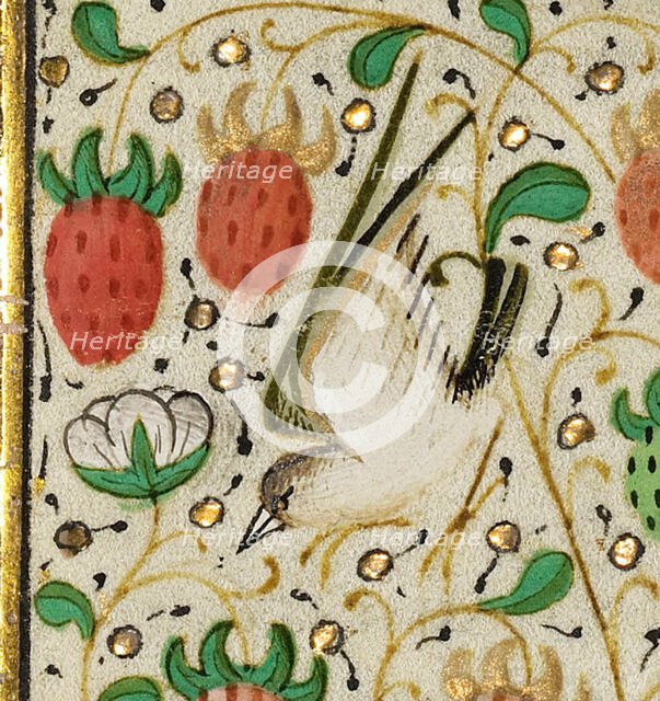Decorated Border with a Bird and Strawberries; Boethius, Consolation de philosophie, about 1460-1470 Creator: Unknown.