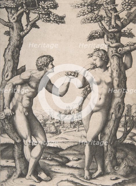 Adam and Eve flanked by two trees, a town in the background, ca. 1512-14. Creator: Marcantonio Raimondi.