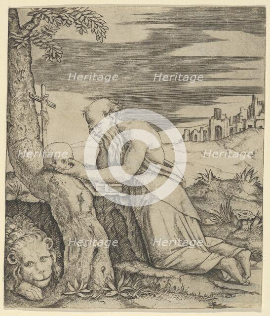 St Jerome kneeling before a crucifix, a skull in his left hand, a lion laying at ..., ca. 1500-1527. Creator: Marcantonio Raimondi.