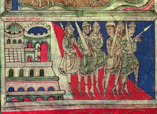 Charlemagne departs from Aachen to Santiago de Compostela, Miniature in the 'Codex Calixtus' Fol.…