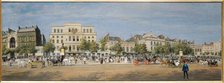 General view of theatres on Boulevard du Temple in 1862. Creator: Adolphe Martial Potemont.