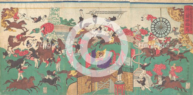 French Equestrian Circus on the grounds of Asakusa Kannon temple (Asakusa kannon keidai ni..., 1871. Creator: Utagawa Kuniteru.
