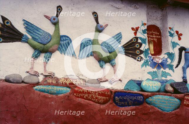 Painted relief of birds, Ladakh, India, 1988. Creator: Amanda Waite.
