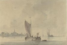 Sailing barges on the water in front of a Dutch town, 1758-1815. Creator: Nicolaas Wicart.