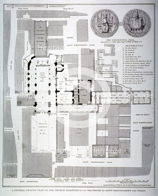 Ground plan of St Bartholomew's Priory, Smithfield, City of London, 1821.                            Artist: T Bourne