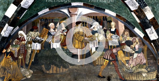 Issogne Castle, frescoes hall, market scenes.