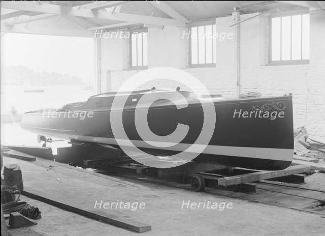 Saunders' motor launch on slipway, 1914. Creator: Kirk & Sons of Cowes.
