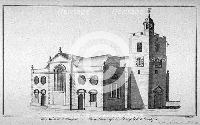 North-west view of the Church of St Mary, Whitechapel, London, c1800. Artist: Benjamin Cole