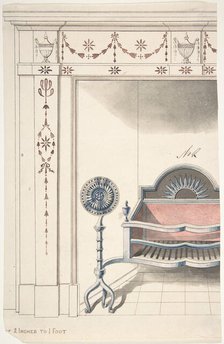 Fireplace and Grate Design with Sunflower Andirons, 19th century. Creator: Anon.