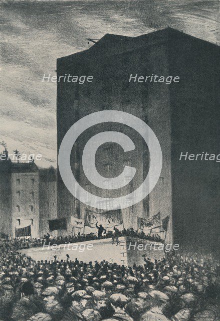 'The Railway Strike - Meeting on Tower Hill, 1919', 1920. Artist: CRW Nevinson.