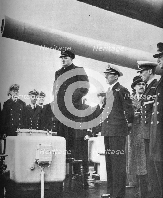 'Addressing the Crew of H.M.S. Exeter on their return from the sinking of the Graf Spee at the b Artist: Unknown.