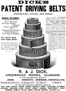 Advertisement for Dick's Patent Driving Belts, 1898.  Creator: Unknown.