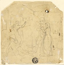 Dramatic Scene with Couple, Older Man, c. 1840. Creator: Joseph Clayton Bentley.