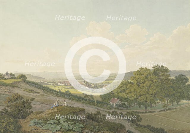 View from a hilltop of the village of St. Jakob near Basel with its pointed church steeple, 1803. Creator: Marquand Fidel Dominikus Wocher.