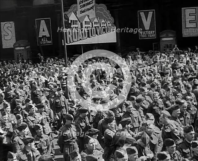 A Crowd of Soldiers Listening to a Speech by Lord Beaverbrook, Birmingham, 1942. Creator: British Pathe Ltd.