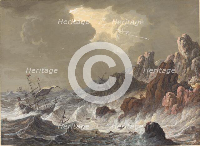 Storm-Tossed Ships Wrecked on a Rocky Coast. Creator: Johann Christoph Dietzsch.