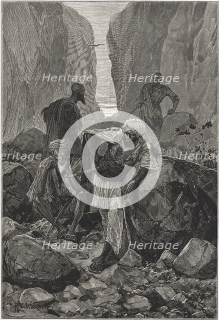 British-Afghan war, Afghan warriors placed in ambush in the Khyber Pass, engraving from 1878.