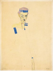 Self-Portrait with blue checked headband, 1909. Creator: Schiele, Egon (1890-1918).