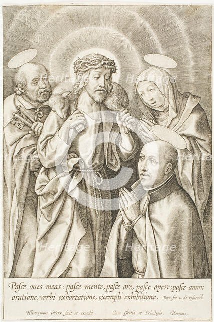 Ignatius of Loyola kneeling before Christ, the Virgin and St Peter, n.d. Creator: Jan Wierix.