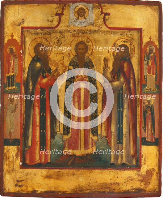 Saint Andrew of Smolensk (center), Daniel the Pilgrim (right) and the venerable..., Early 19th cen. Creator: Russian icon.