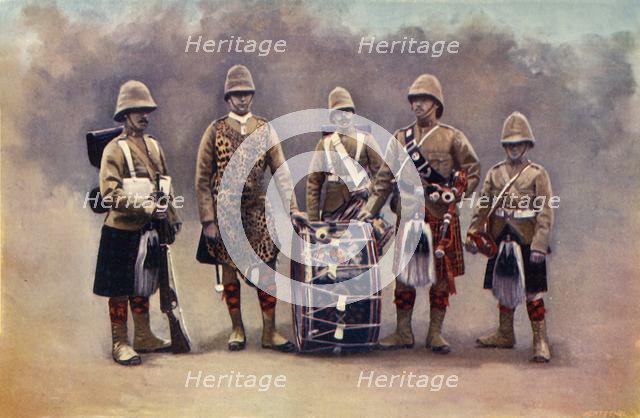 'Private, Drummers, Piper, and Bugler - The Black Watch', 1900. Creator: Knight.