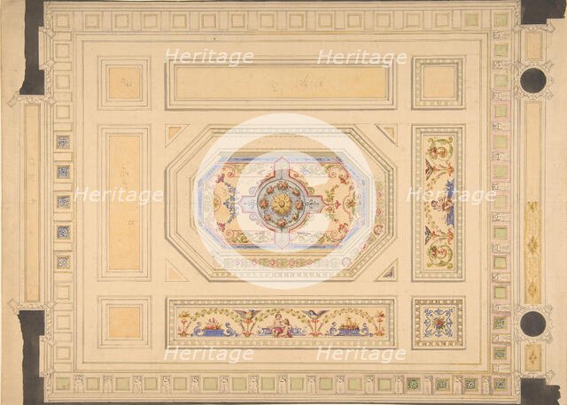 Design for a paneled ceiling painted with putti, birds, and floral motifs, 19th century. Creators: Jules-Edmond-Charles Lachaise, Eugène-Pierre Gourdet.