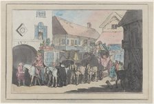 Stage Coach and Riders in the Yard of an Inn, Preparing to Depart, 1789-95., 1789-95. Creator: Thomas Rowlandson.