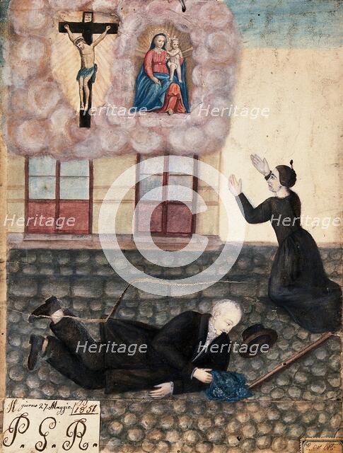 A man falling over on a cobbled street in Rome, his wife praying to Sansovino's Virgin..., 1851. Creator: Unknown.