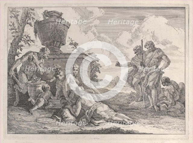 Satyr with Club and Seven Figures, from "Bacchanals and Histories", 1744. Creator: Francesco Fontebasso.