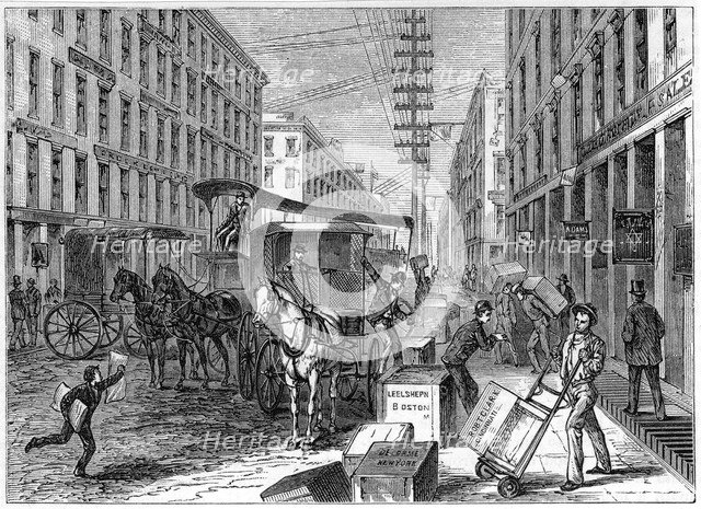 Deliveries and collections taking place at Wells Fargo depot, New York, USA, 1875. Artist: Unknown
