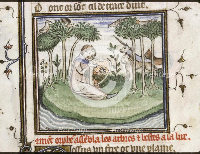 Orpheus enchants trees and animals with his harp playing, 1380s. Creator: Maître du Policratique de Charles V (active 1366-1403).