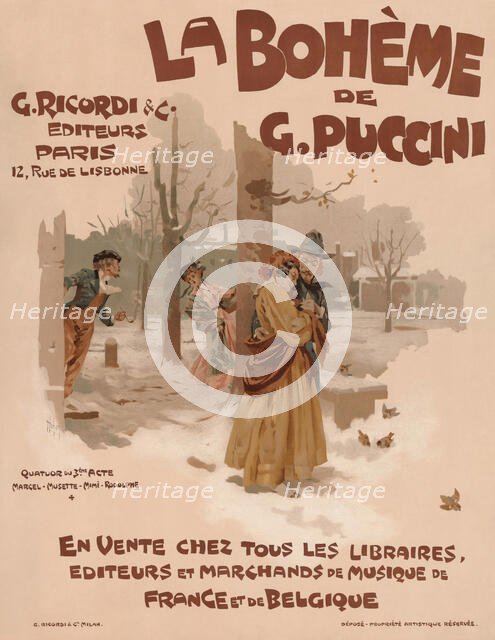 Poster for the opera La Bohème by Giacomo Puccini, 1895. Creator: Hohenstein, Adolfo (1854-1928).