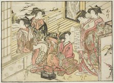 Courtesans of Okamoto, from the book "Mirror of Beautiful Women of the Pleasure Quarters..., 1776. Creator: Shunsho.