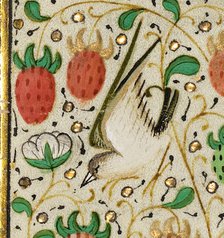 Decorated Border with a Bird and Strawberries; Boethius, Consolation de philosophie, about 1460-1470 Creator: Unknown.