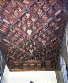 Wood coffered ceiling in one of the upstairs ceilings of the Güell Palace, built between 1886 and…