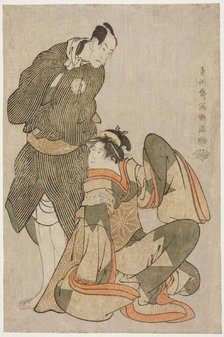 The actors Iwai Hanshiro IV (R) as Ohan of the Shinanoya and Bando Hikosaburo III (L) as..., 1794. Creator: Shunsho.