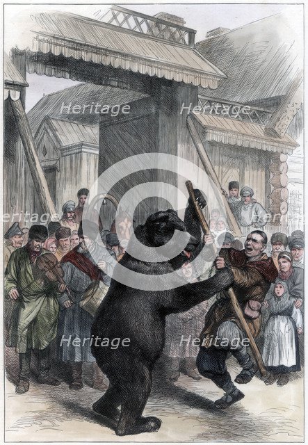 Performing bear in a Russian village, 1877. Artist: Unknown