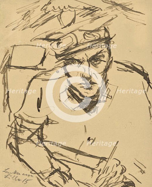 Self-portrait with nursing uniform and driving glasses, 1915. Creator: Beckmann, Max (1884-1950).