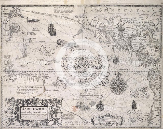 Map of the Pacific Ocean, 1600. Creator: Benjamin Wright.