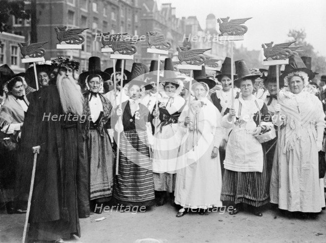 Welsh suffragettes in traditional costume on the women's coronation procession, 17th June 1911. Artist: Unknown