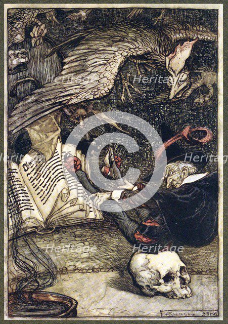 The little man had seated himself in the centre of the circle upon the large skull, pub. 1907. Creator: Arthur Rackham (1867 - 1939).