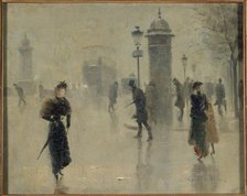 Passers-by on the boulevard on a winter's day, circa 1895. Creator: Unknown.