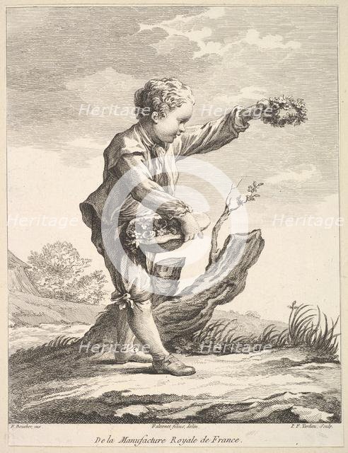 Little boy holding a wreath and basket of flowers, from Deuxième Livre de Figures d'..., after 1757. Creator: Pierre Francois Tardieu.