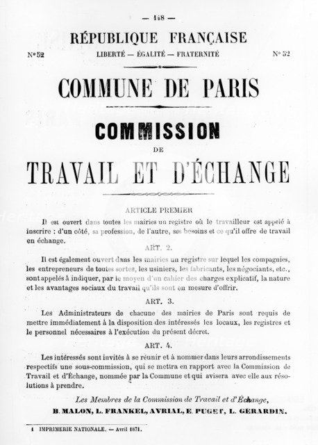 Travail et D'Echange, from French Political posters of the Paris Commune,  May 1871. Artist: Unknown