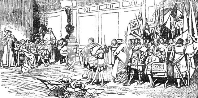 Illustrated handbooks to the picture exhibitions: "Victorious" by J. D. Linton, 1880. Creator: Unknown.