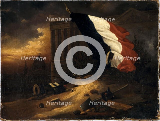 Temporary tomb of victims from July 1830 days, in front of the colonnade of the Louvre, 1830. Creator: Alexandre Barouillet.