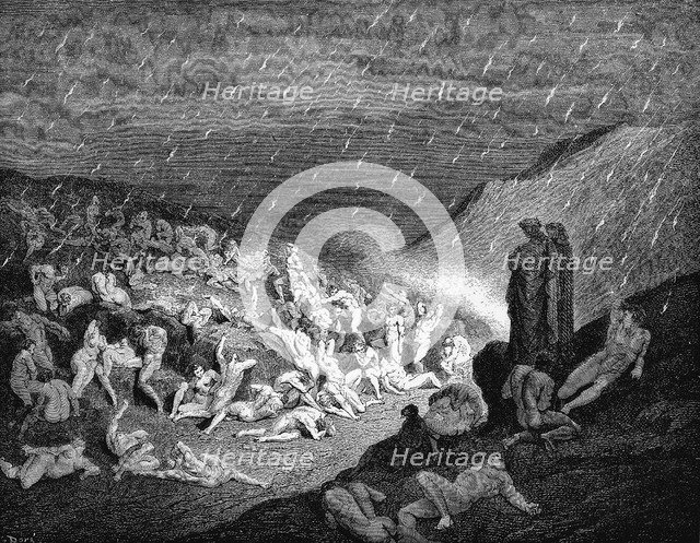 Dante and Virgil looking down upon souls in torment in the inferno, 1863. Artist: Gustave Doré